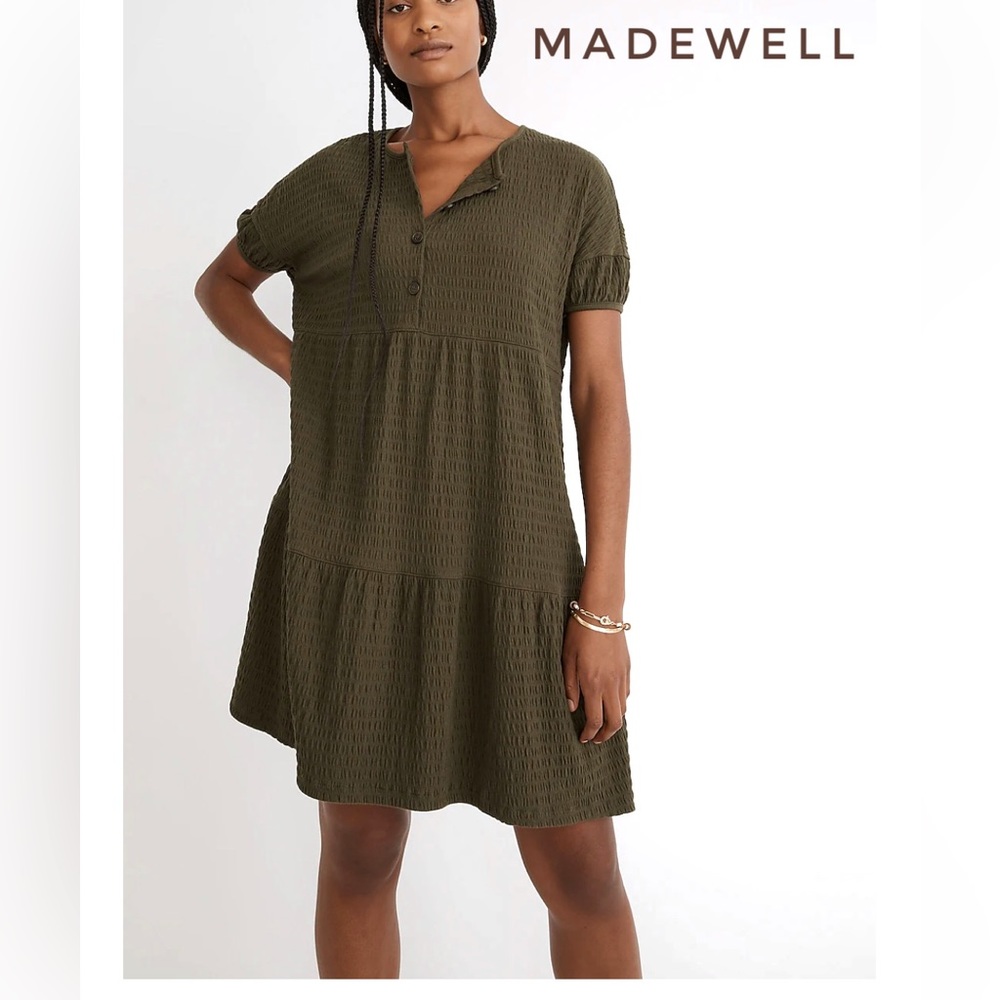 New! Madewell (Re)sourced Crinkle Knit Tiered Mini Dress Size XL Olive Green